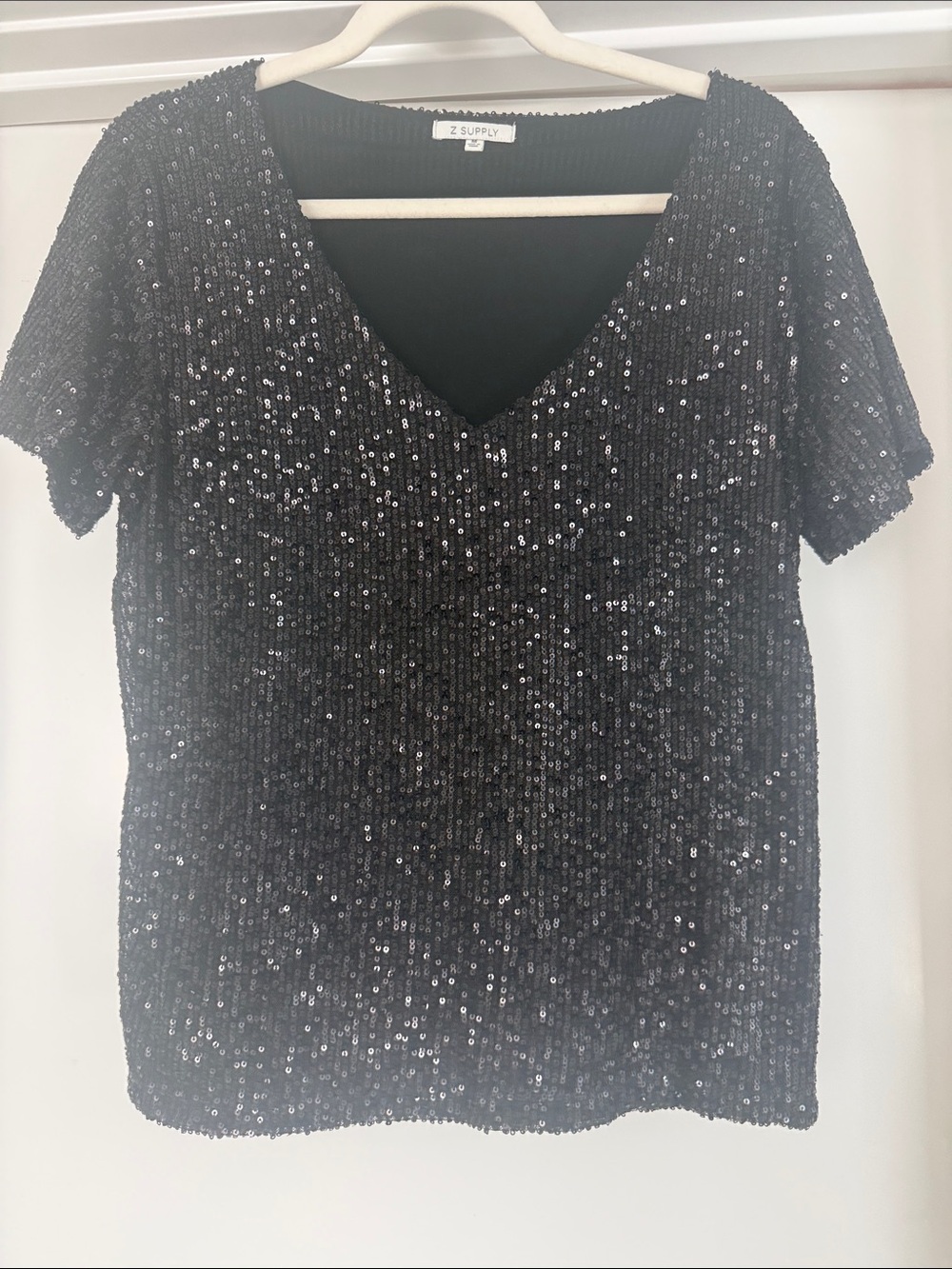 Z Supply Black Sequin V-Neck Short Sleeve Top